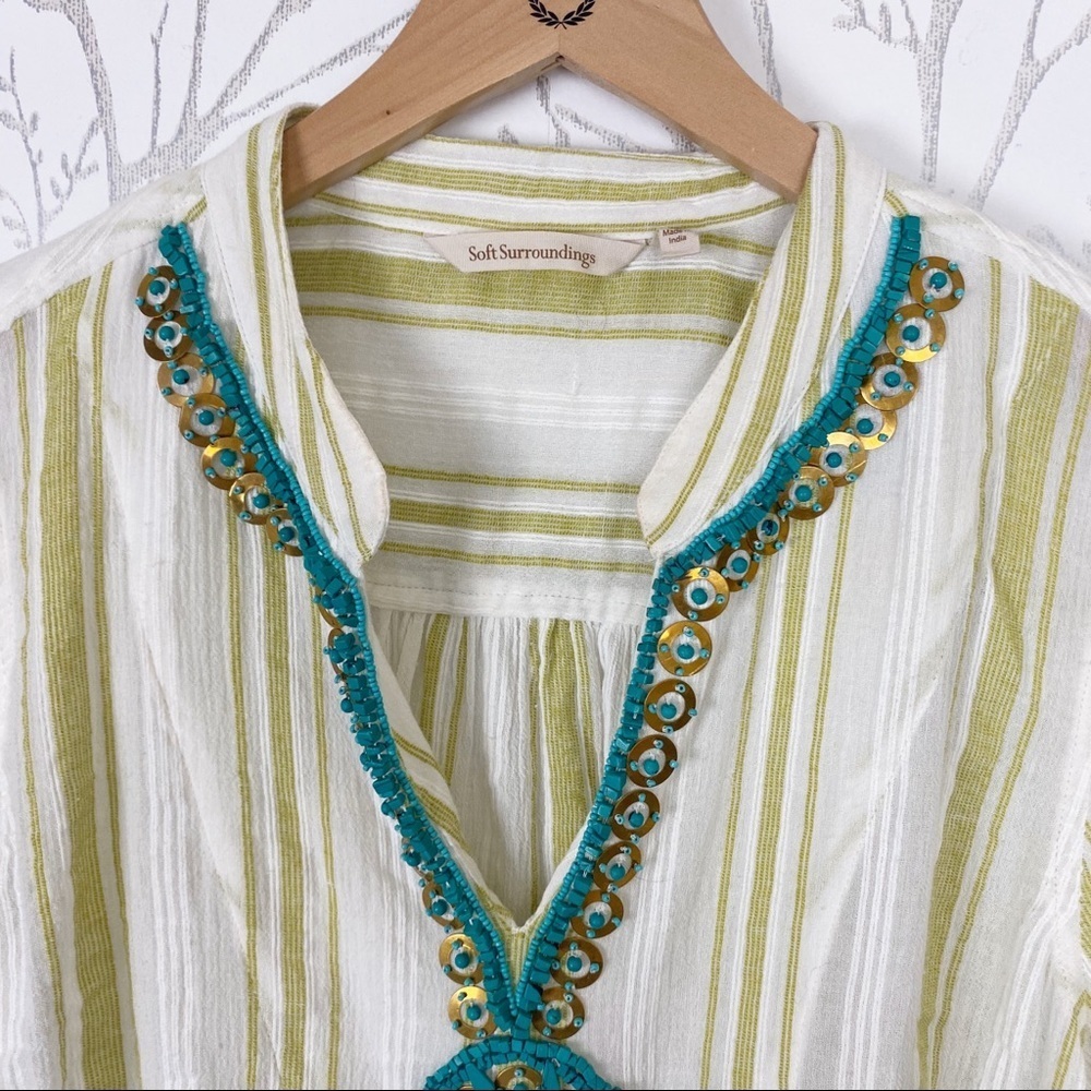 SOFT SURROUNDINGS Elisha Turquoise Beaded Cotton Stripe Tunic Top Blouse M - Picture 5 of 15